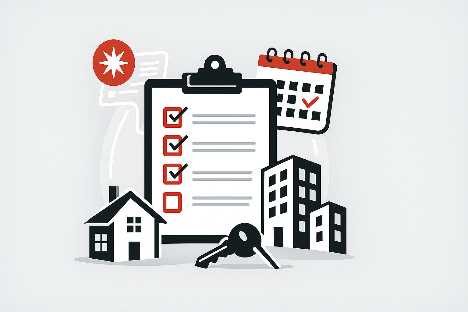 Illustration of an end-of-year rental checklist with house, keys, and calendar icons. | Rocket Automation LLC